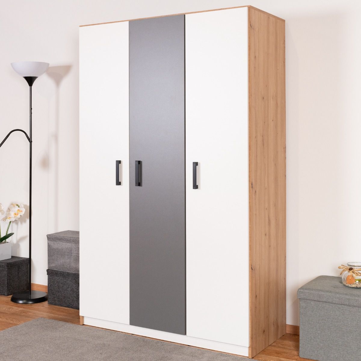 Children's room - Hinged door cabinet / Wardrobe Sallingsund 02, Colour: Oak / White / Anthracite - Measurements: 191 x 120 x 51 cm (H x W x D), with 3 doors and 5 compartments