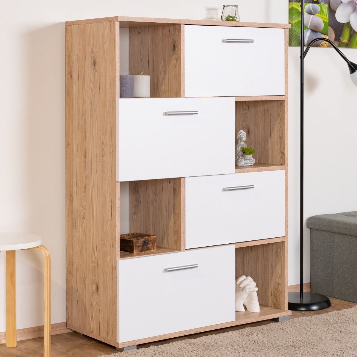 Chest of drawers Kavieng 09, colour: oak / white - Measurements: 130 x 90 x 40 cm (H x W x D)