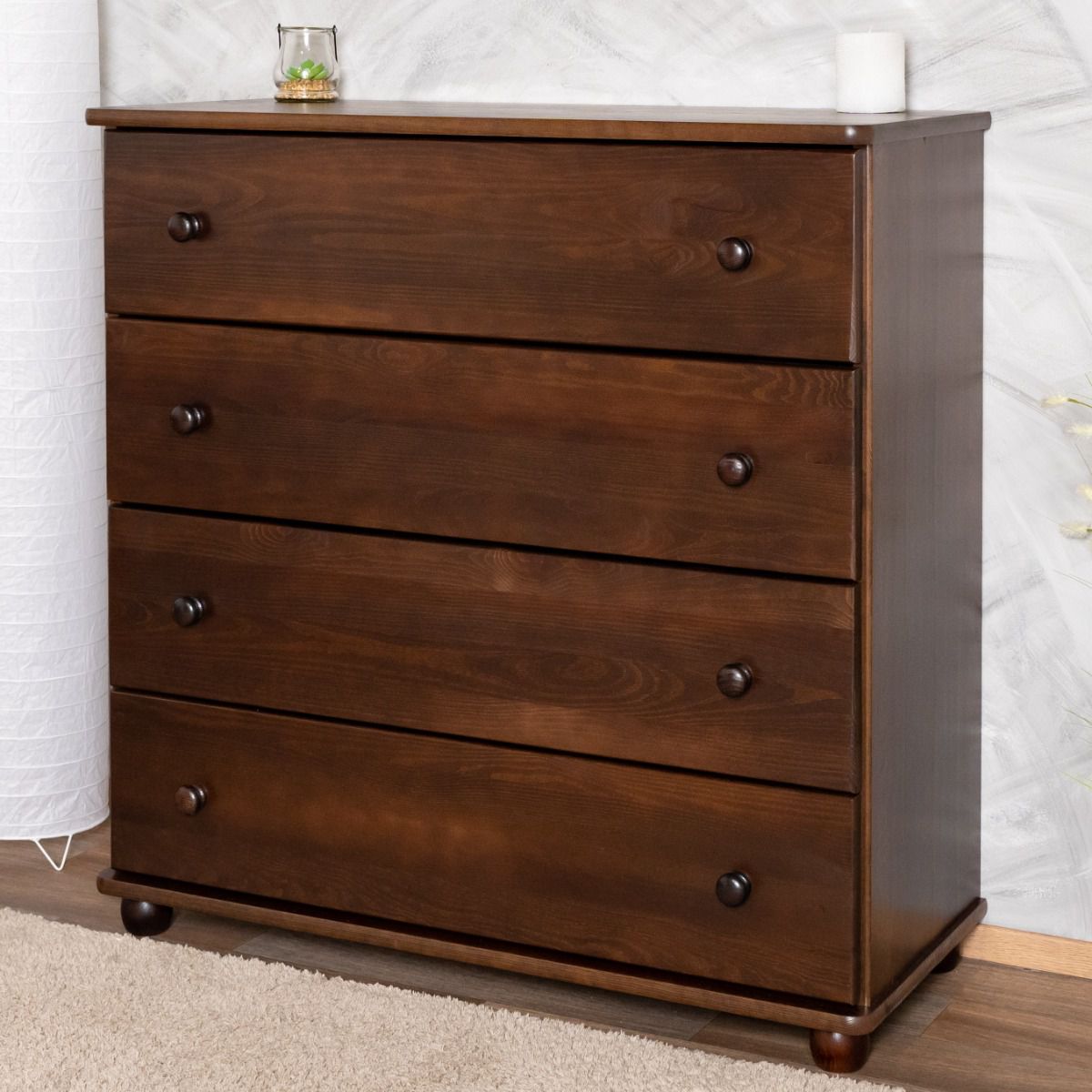 Chest of drawers pine in walnut color Junco 143, solid wood, with 4 large drawers, 100 x 100 x 42 cm, high quality materials, lots of storage space