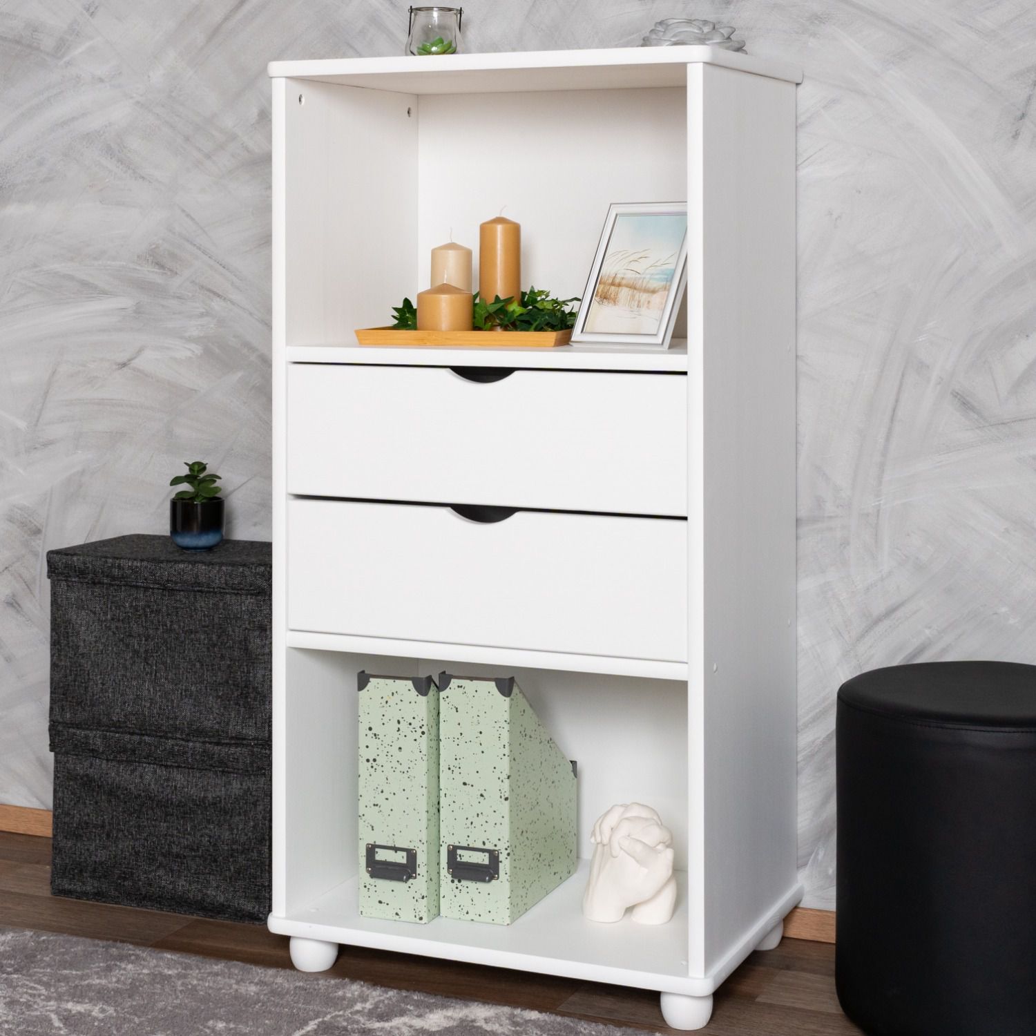 Shelf in white solid pine Junco 48C, bookcase, 120 x 60 x 42 cm, with 2 compartments and 2 drawers, modern design, durable