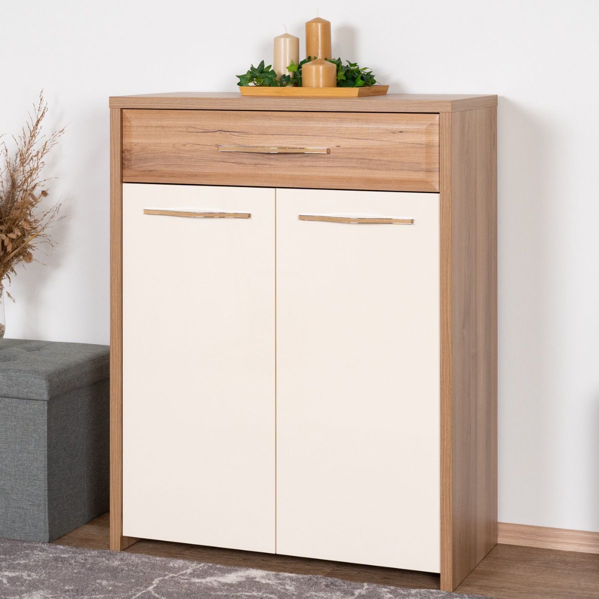 Chest of drawers Gataivai 16, color: Beige high gloss / walnut - 99 x 78 x 36 cm (H x W x D)