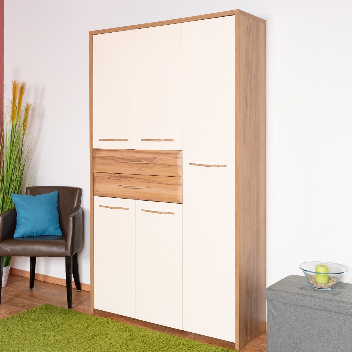 Hinged door wardrobe / closet Gataivai 22, color: Beige high gloss / walnut - 192 x 114 x 36 cm (H x W x D)