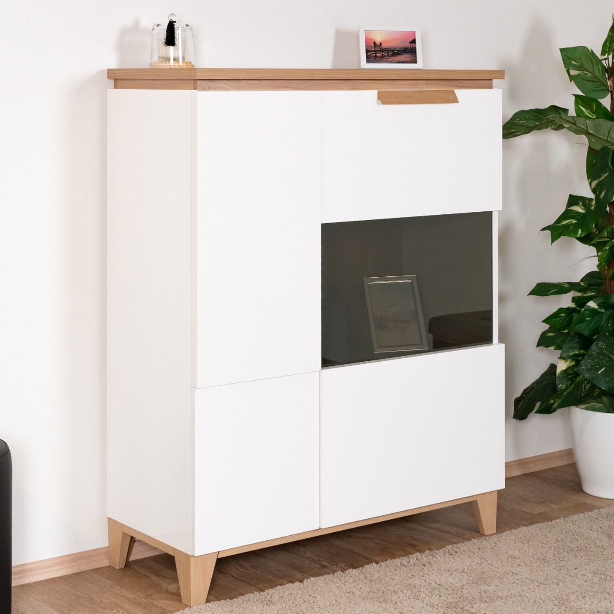 Elegant Safotu 03 display cabinet, white high gloss / walnut, 122 x 95 x 41 cm, two-tone, soft close door system, 3 spacious compartments with plenty of storage space