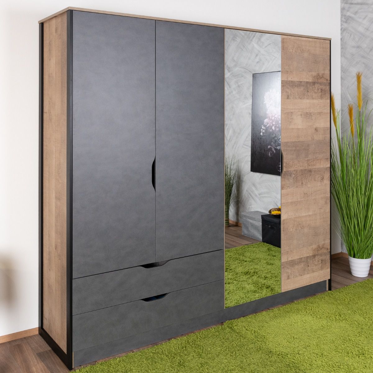 Bassatine 06 hinged door closet / closet, color: rustic oak / grey / black - dimensions: 204 x 220 x 56 cm (H x W x D)