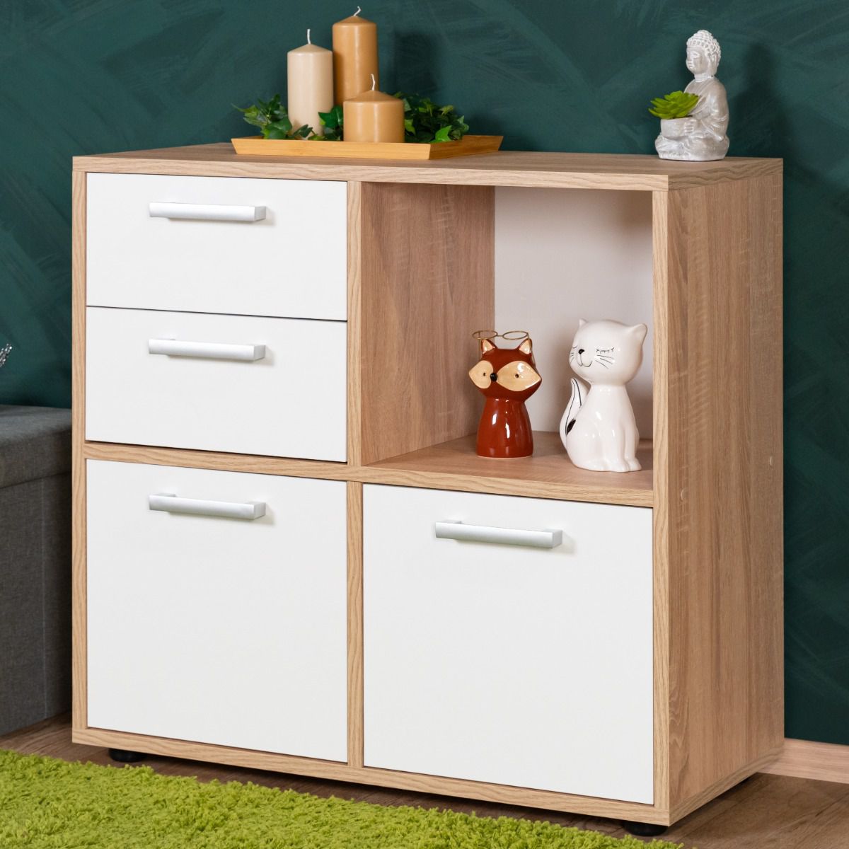 Chest of drawers Palpala 05, color: oak Sonoma / white - 75 x 80 x 35 cm (H x W x D)