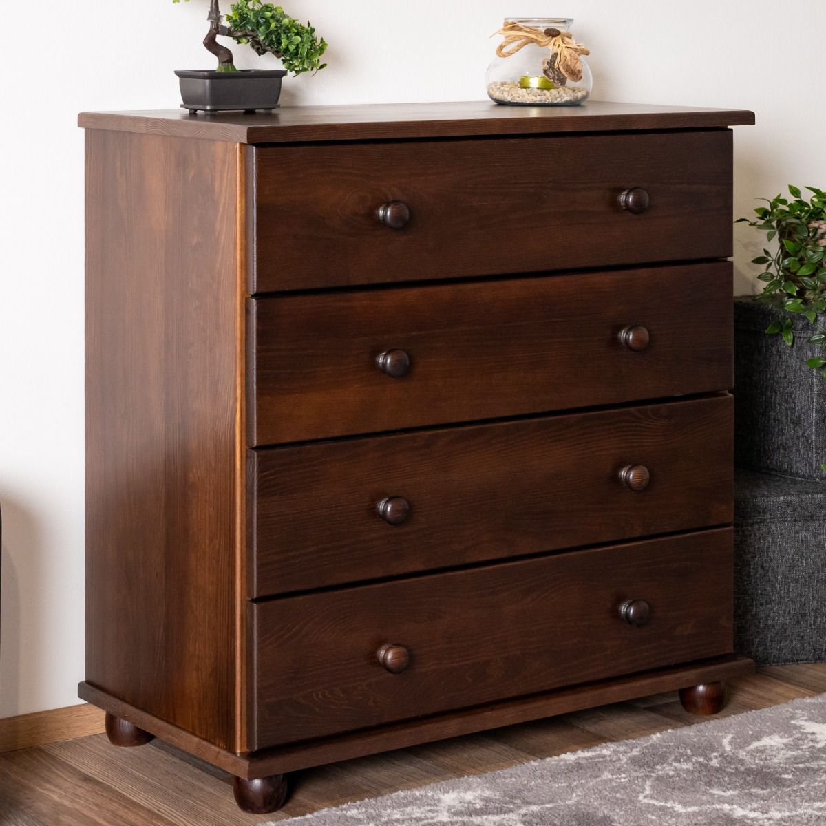 Classic chest of drawers solid pine Junco 138, walnut-colored, 82 x 80 x 42 cm, high-quality workmanship, particularly stable and durable