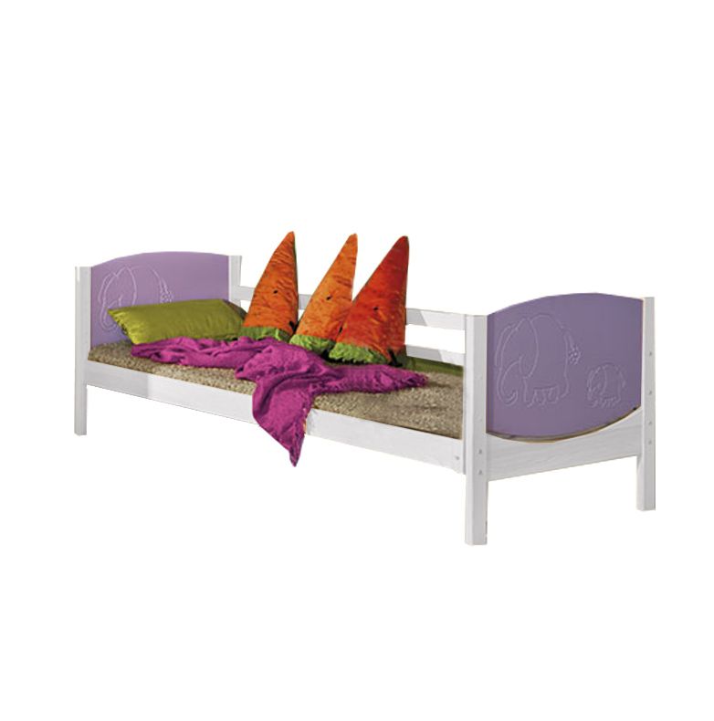 Children's bed / Kid bed Milo 30, Colour: White / Purple elephant, partial solid wood - Lying surface: 80 x 190 cm (W x L)