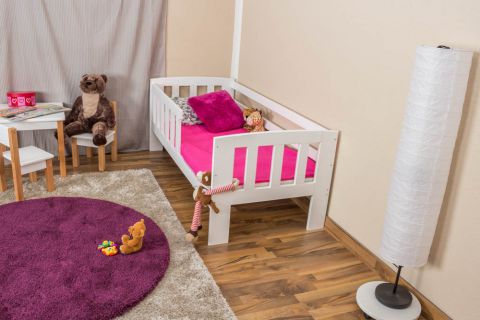 Children's bed with fall protection solid white lacquered pine A17, incl. slatted frame - dimensions 70 x 160 cm 