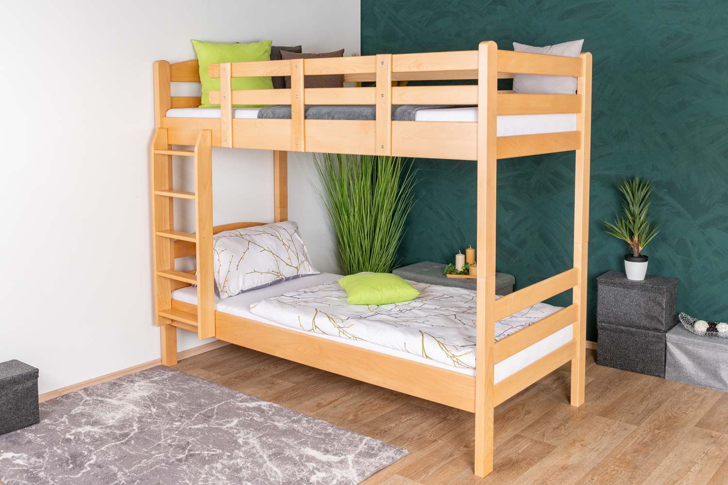 Bunk bed 90 x 200 cm for adults "Easy Premium Line" K17/n, height 174 cm, solid natural varnished beech, divisible, large distance between the beds