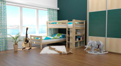 Bunk bed / play bed Phillip solid beech natural with shelf, incl. rolling frame - 90 x 200 cm, divisible