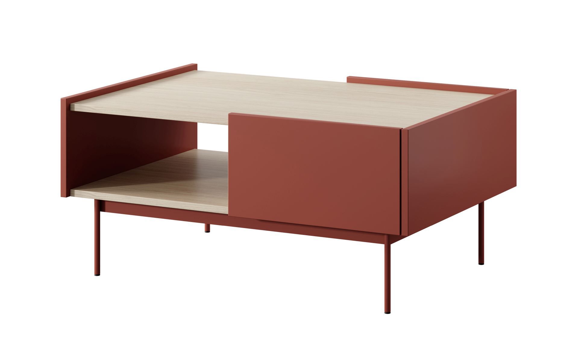 Modern coffee table Cascob 04, 97 x 65 x 45 cm, ceramic red / oak, with 2 drawers and practical compartment, ABS edges, sturdy construction, robust