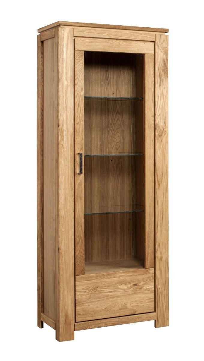 Sturdy display cabinet with glass door Balsa 05, partially solid oak, natural, 206 x 78 x 47 cm, with five compartments and three glass shelves