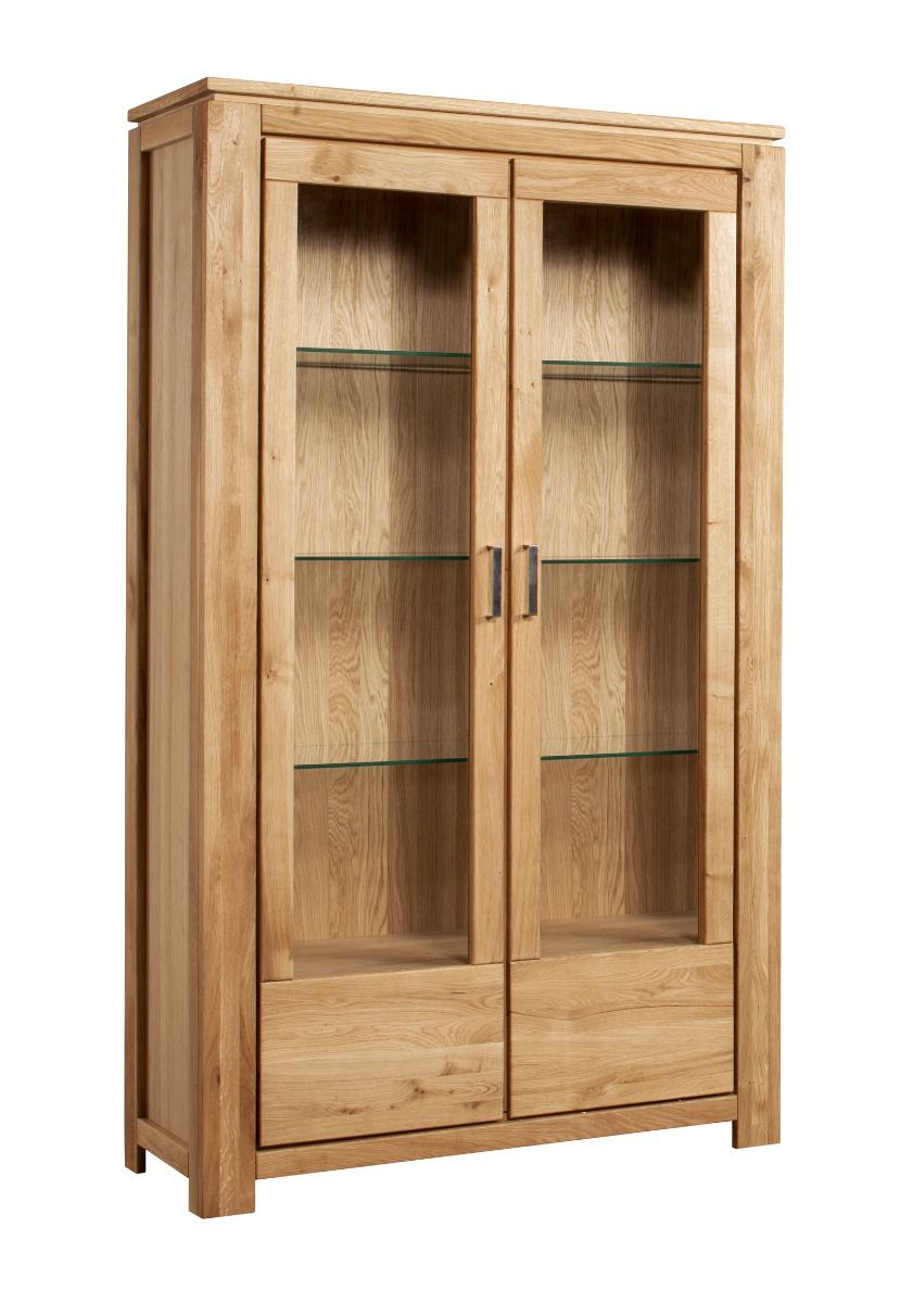 Two-door display cabinet Balsa 01, sufficient storage space, natural, partially solid oak, very spacious compartments, 206 x 120 x 47 cm, with three glass shelves