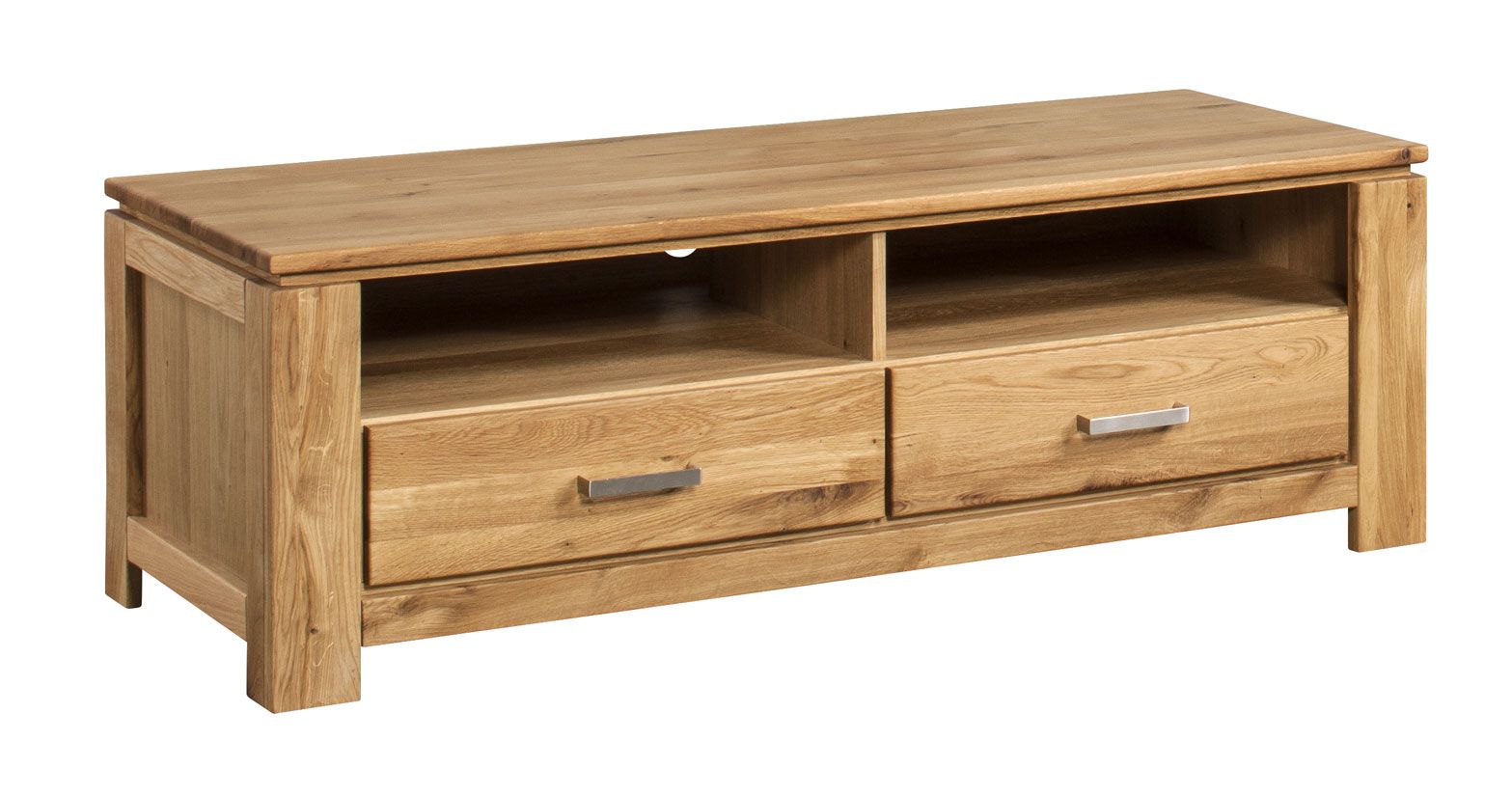 TV cabinet / TV furniture with two drawers Balsa 06, very sturdy, natural, I-Robot comfortable, modern style, partially solid oak, oiled / waxed, 50 x 145 x 58 cm, two open compartments 