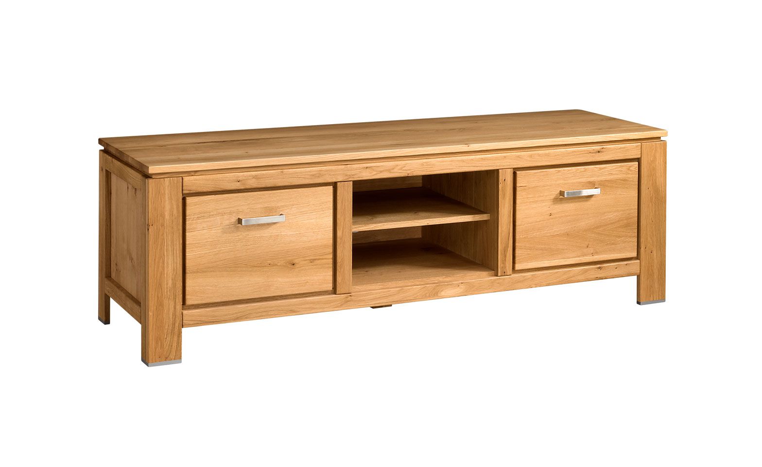 TV cabinet / TV furniture Balsa 12, with two drawers, natural, comfortable for vacuum cleaner robots, two open compartments, partially solid oak, oiled / waxed, 175 x 53 x 58 cm, modern design