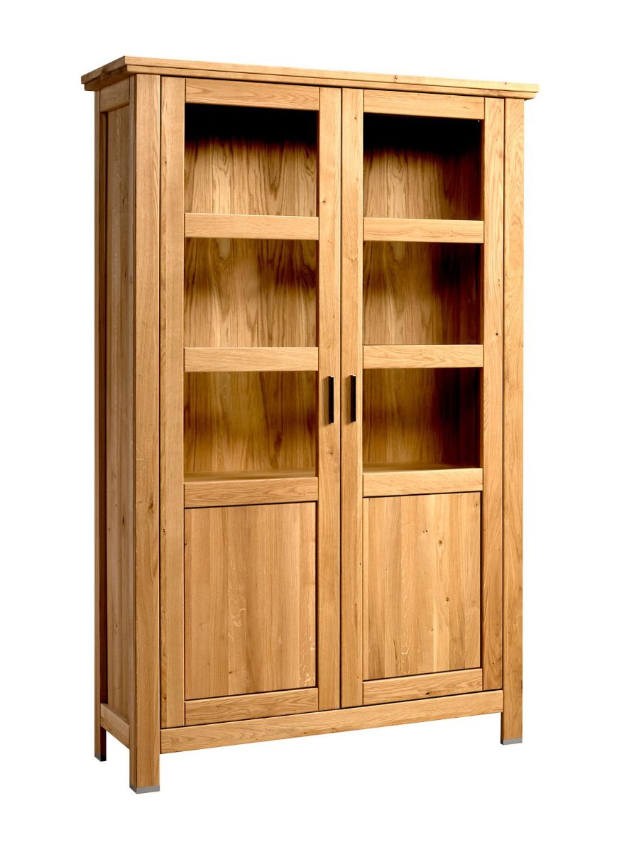 Modern display cabinet with two doors Floresta 07, natural, with elongated handles, five compartments, solid oak, 204 x 133 x 48 cm, two glass shelves and two wooden shelves