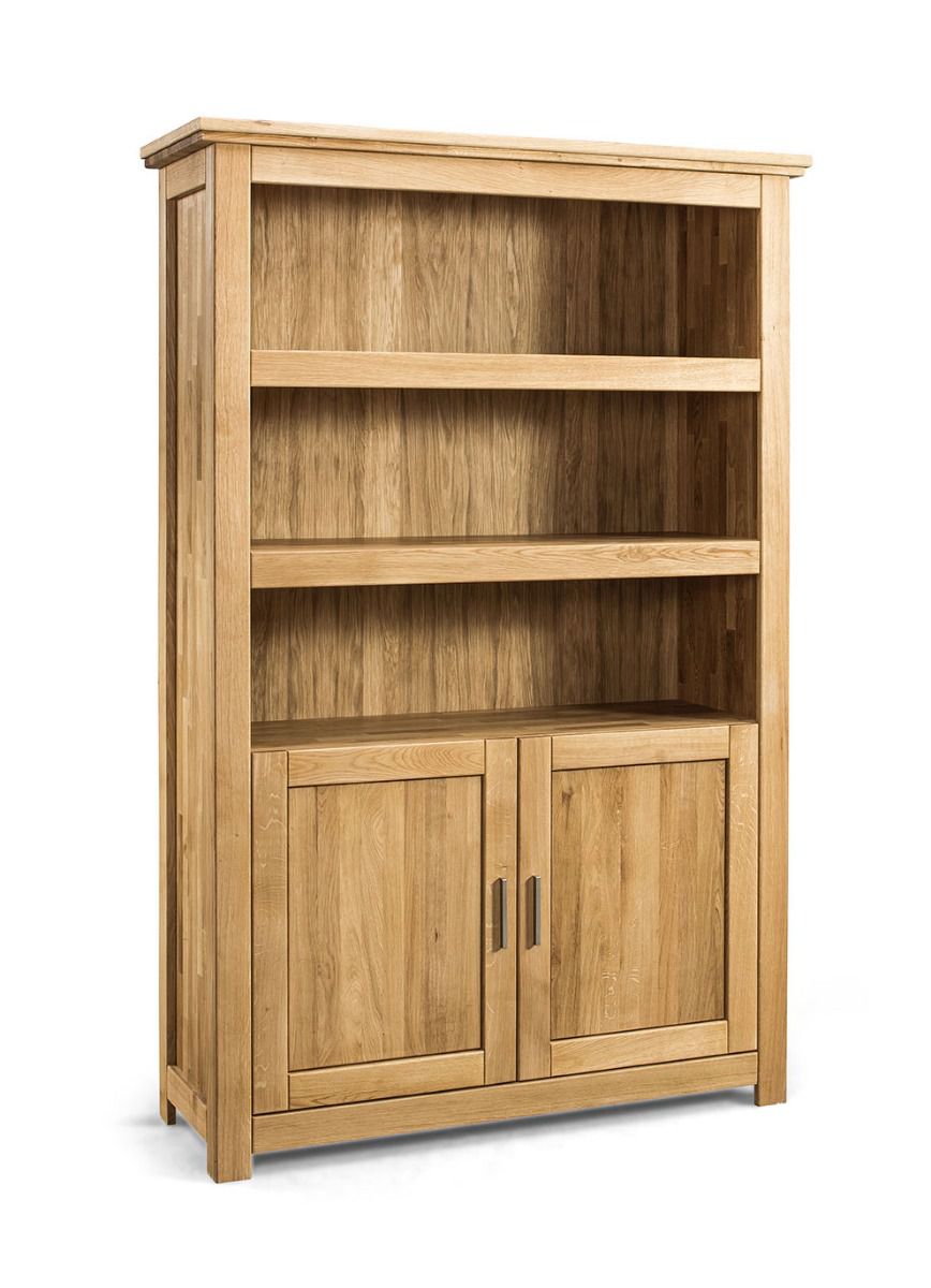 Large bookcase / shelf with two doors Floresta 13, natural, sufficient storage space, very sturdy, solid oiled oak, 204 x 133 x 48 cm, with five compartments