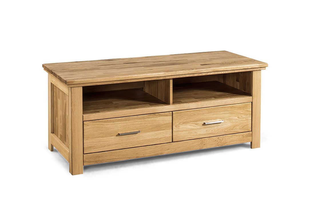 Sturdy TV furniture / TV cabinet with two drawers Floresta 17, simple design, natural, solid oiled oak, natural grain, 61 x 142 x 48 cm, with two open compartments