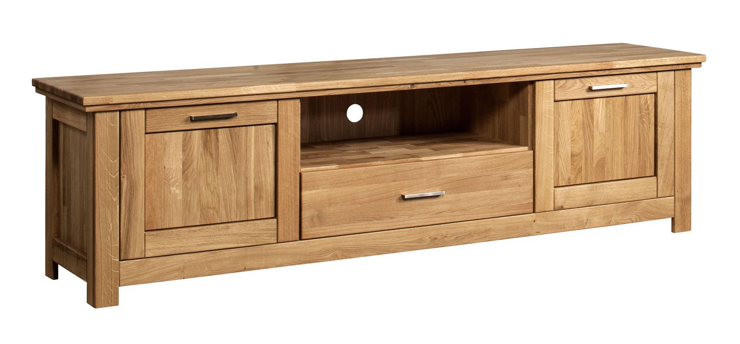 Solid TV base unit / TV cabinet with three drawers Floresta 08, incl. soft-close system, natural, solid oak, 61 x 212 x 48 cm, waxed and oiled, one open compartment