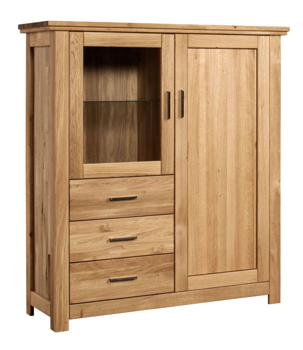 Sturdy display cabinet with ample storage space Floresta 10, with soft-close system, two doors, natural, solid oak, 150 x 133 x 48 cm, with three drawers