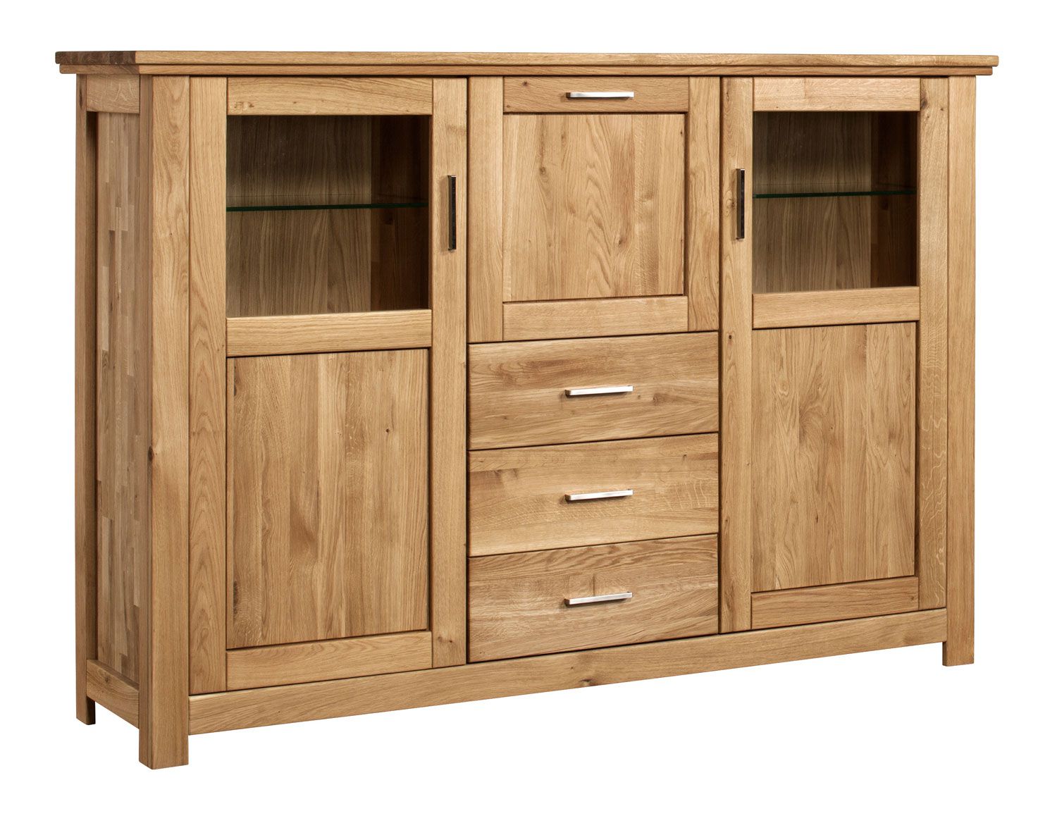 Modern display cabinet with two doors Floresta 03, natural, incl. soft-close system, solid oak, one tilt compartment, 130 x 187 x 48 cm, with three drawers, oiled / waxed