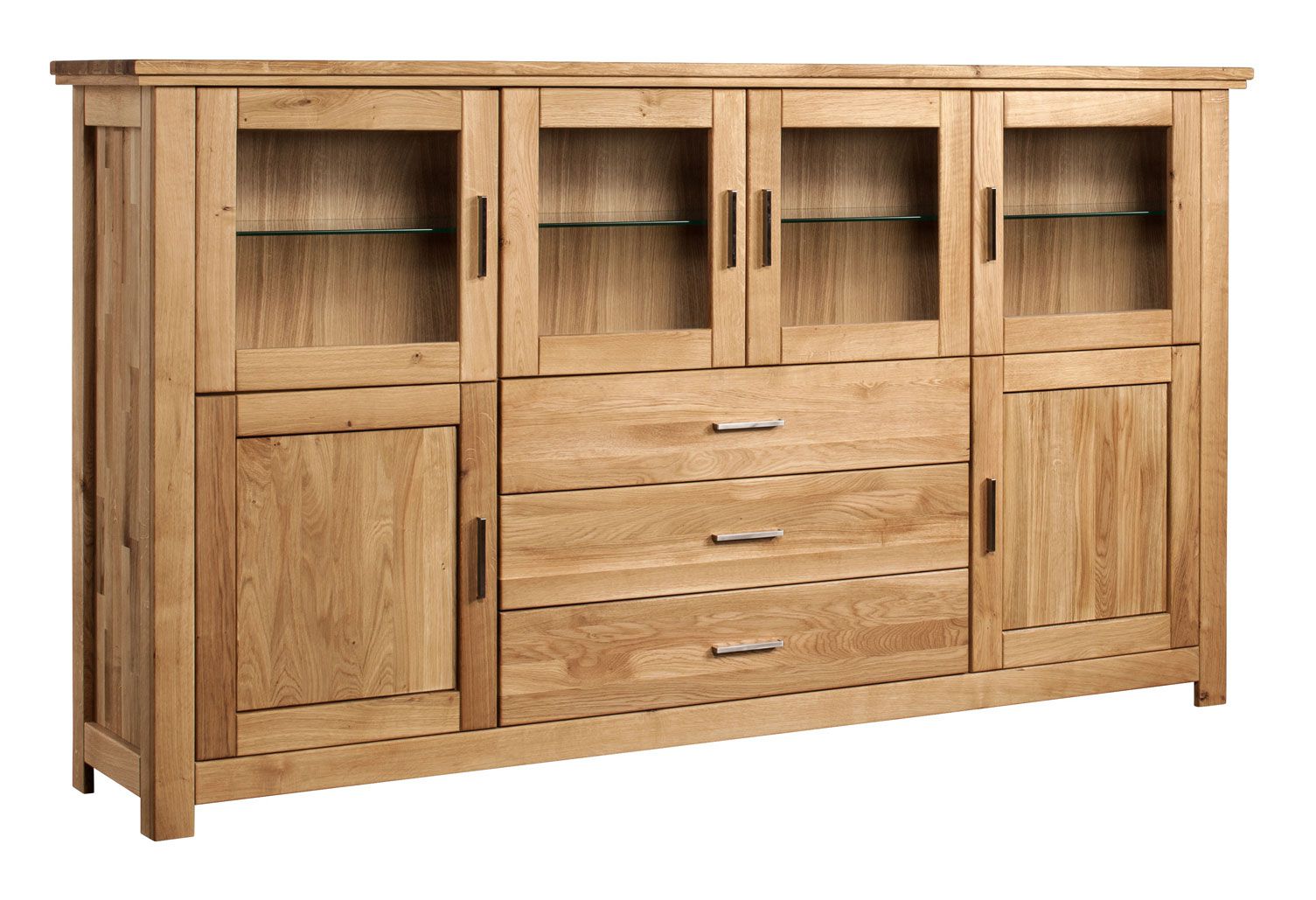 Wide display cabinet with four doors Floresta 04, natural, solid oak, ample storage space, 130 x 230 x 48 cm, three drawers, incl. soft-close system, modern design