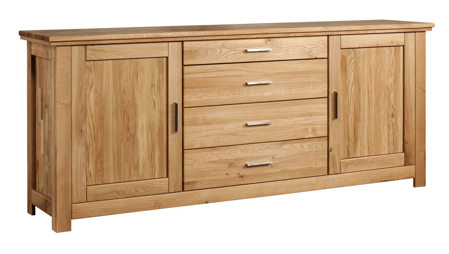 Modern chest of drawers / sideboard with four drawers solid oak Floresta 11, natural, very sturdy, 90 x 212 x 48 cm, two doors, lively-looking grain