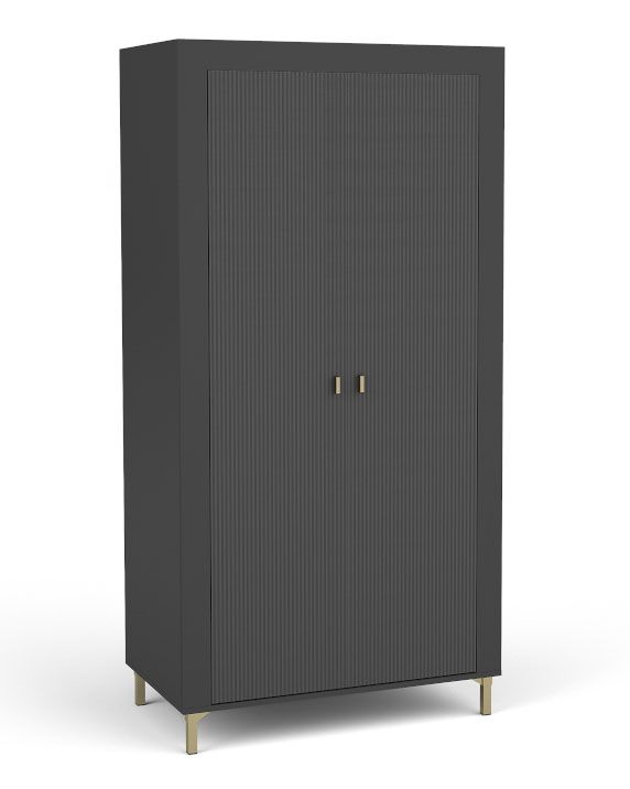 Dark closet with one clothes rail Barbe 02, ABS, two compartments, color: black matt, handles and legs: gold, dimensions: 193.5 x 97 x 56 cm, with sufficient storage space