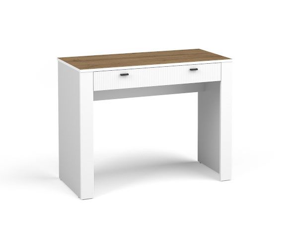 Simple desk with one drawer Barbe 28, color: white matt / oak, dimensions: 79 x 102 x 50 cm, handles: black, appealing look and modern design