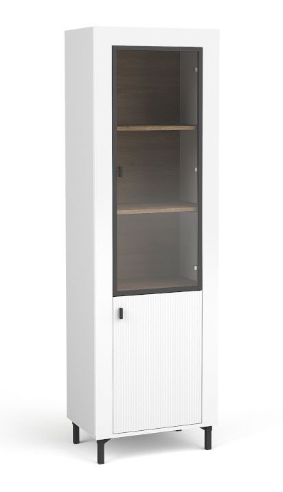 Light display cabinet with one clear glass door Barbe 07, with variable door hinge, color: white matt / oak, dimensions: 193.5 x 60 x 40 cm, simple design, with five compartments