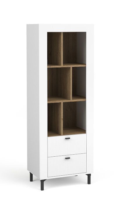 Modern shelf / bookcase with many compartments Barbe 10, with two drawers, ABS, color: white matt / oak, dimensions: 168.5 x 60 x 40 cm, very robust and durable 