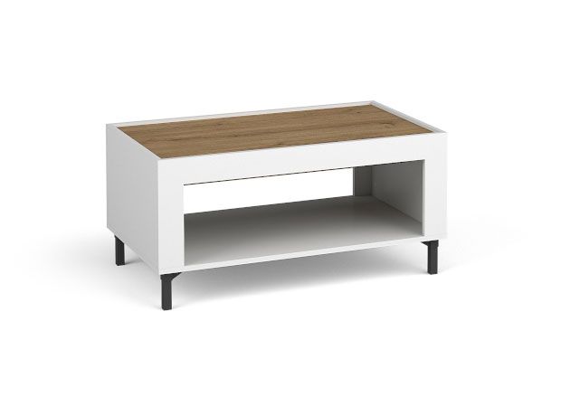 Simple coffee table Barbe 25, with one shelf, ABS edge protection, color: white matt / oak, dimensions: 46.5 x 97 x 56 cm, modern and simple design