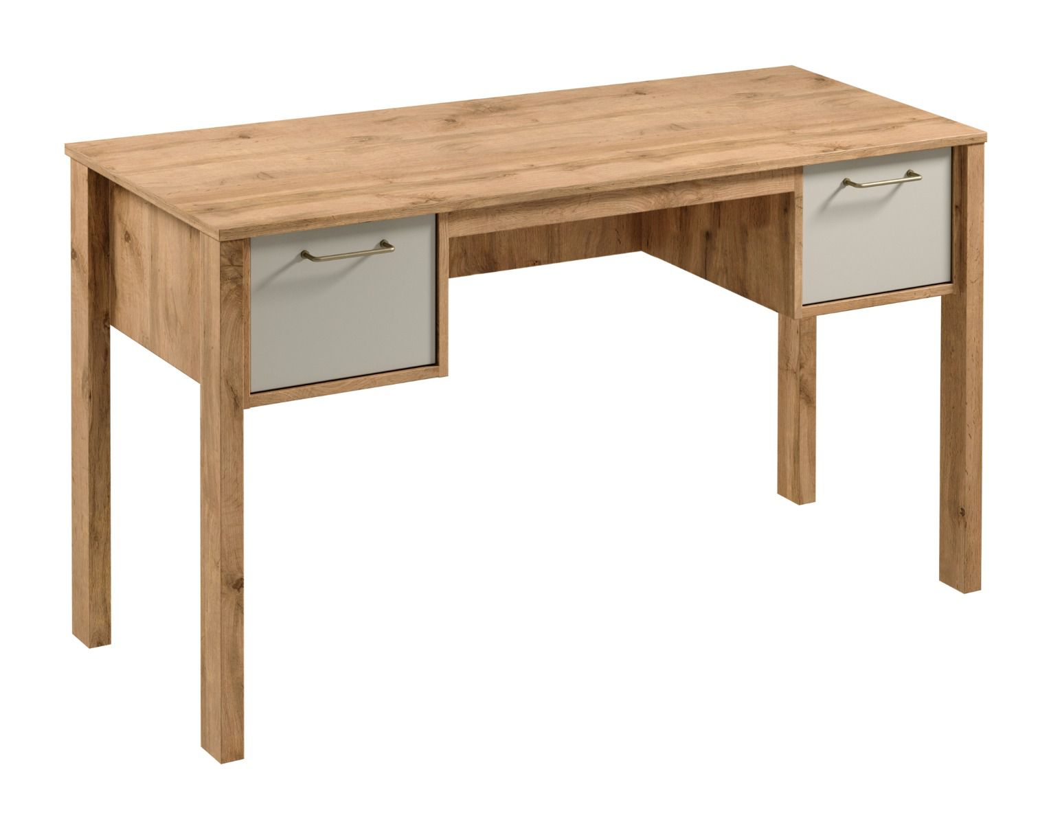 Desk Braianik 01 in the color oak Wotan / beige with 2 functional drawers, 75 x 138 x 53 cm, metal handles, ABS edge protection