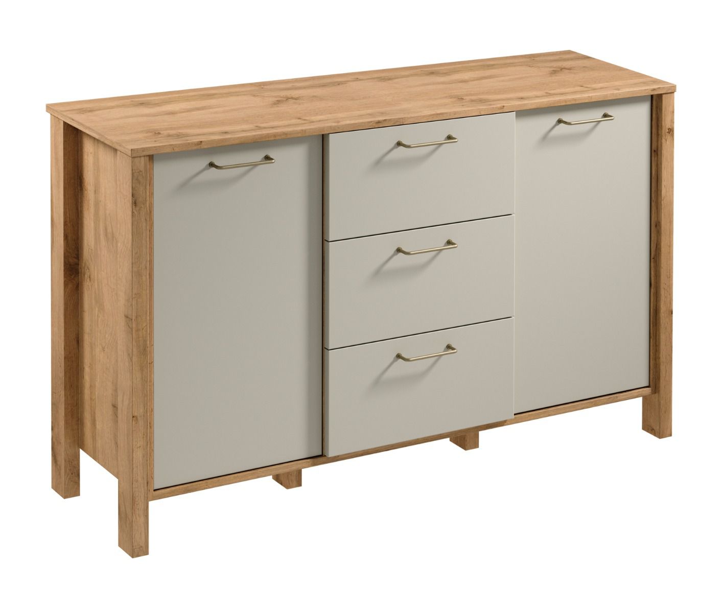 Braianik 02 chest of drawers/sideboard with 3 drawers, 4 compartments, 2 shelves and 2 doors, metal handles, Wotan oak / beige, 81 x 138 x 40 cm