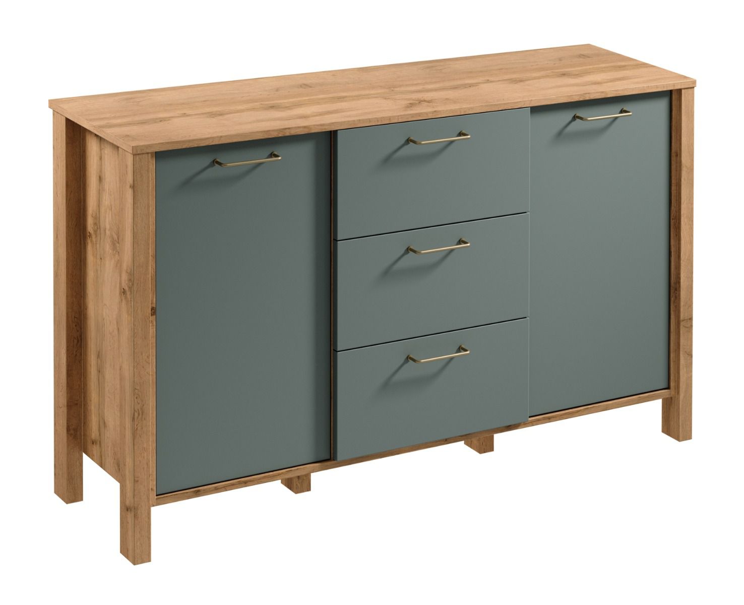 Chest of drawers / sideboard Braianik 18, oak Wotan / green, with 3 drawers, 4 compartments, 2 shelves, 2 doors, 81 x 138 x 40 cm, metal handles