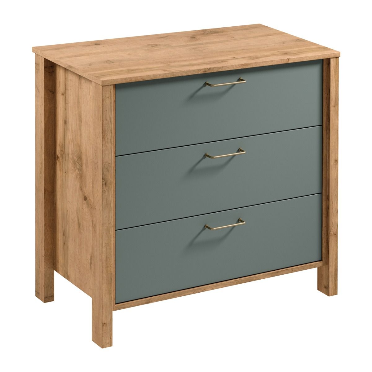 Chest of drawers / sideboard Braianik 19, oak Wotan / green, living room, bedroom, office, ABS, 3 drawers, 81 x 90 x 47 cm, metal handles