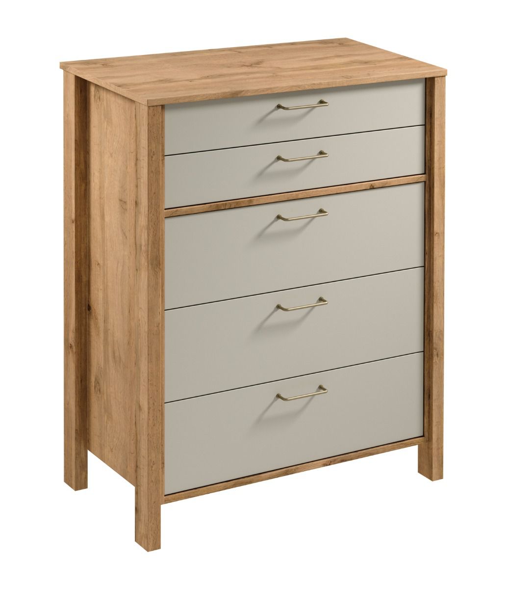 High chest of drawers Braianik 04 in oak Wotan / beige, 109 x 90 x 47 cm, bedroom, living room, office, 5 drawers, metal handles, ABS edge protection