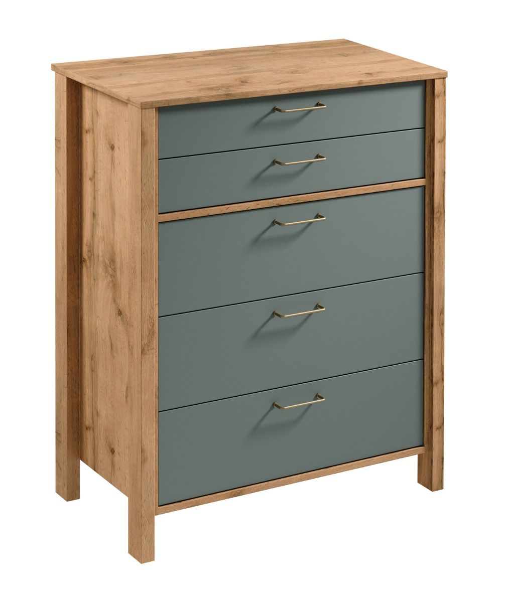 High chest of drawers Braianik 20, metal handles, 2 small drawers, 3 large drawers, 109 x 90 x 47 cm, feet: 36 mm thick, oak Wotan / green, ABS