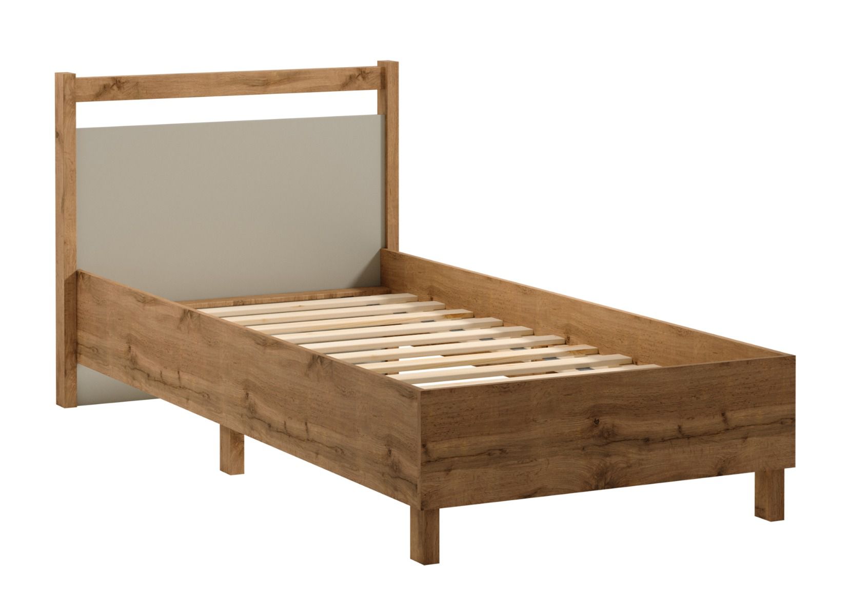 Single bed Braianik 07 with lying surface 90 x 200 cm, in oak Wotan / beige, 92 x 101 x 207 cm, ABS edge protection, slatted frame included in the bed, feet 36 mm