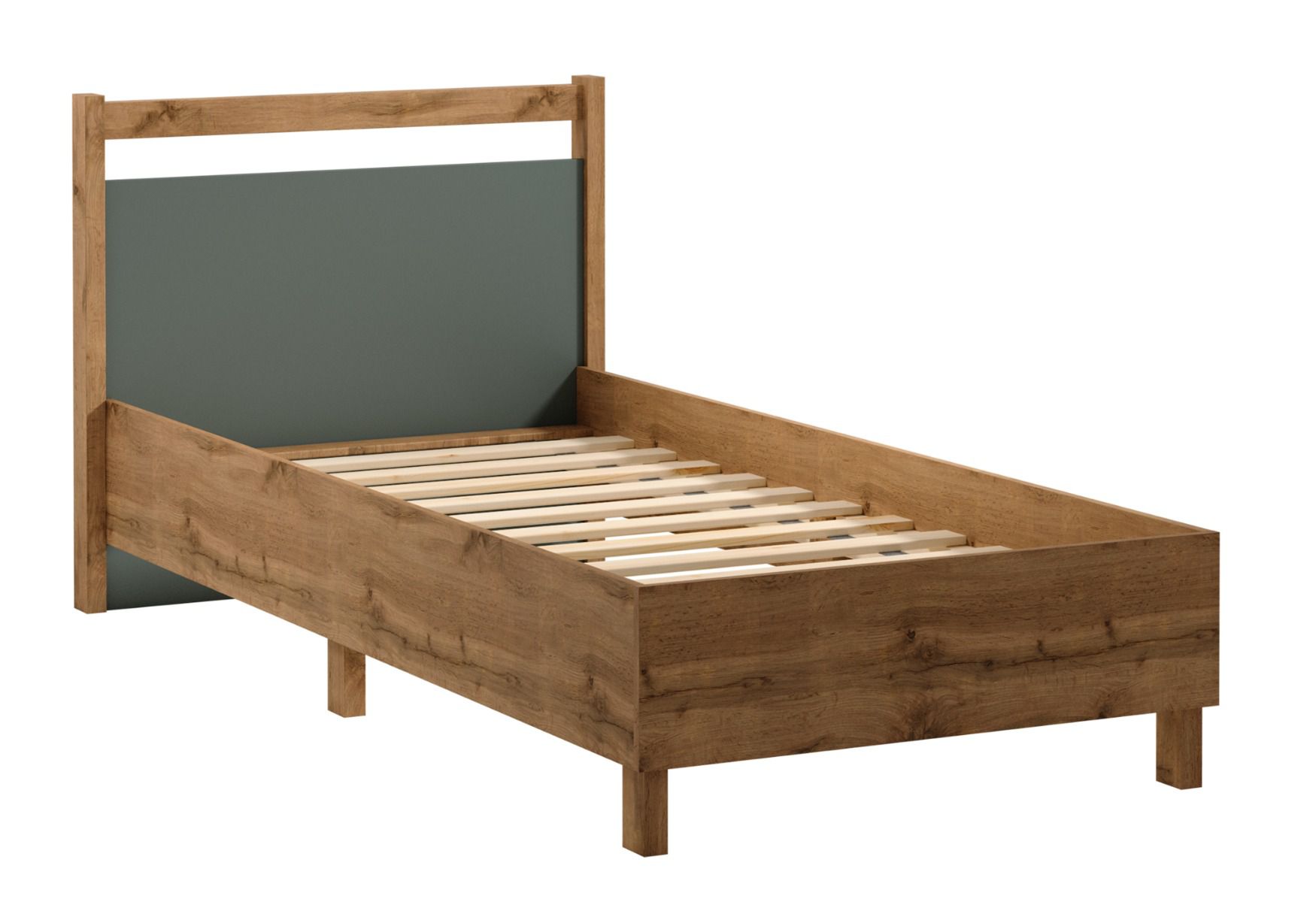 Braianik 23 single bed for bedroom, ABS edge protection, 92 x 101 x 207 cm, lying surface 90 x 200 cm, including slatted frame, Wotan oak / green, feet 36 mm