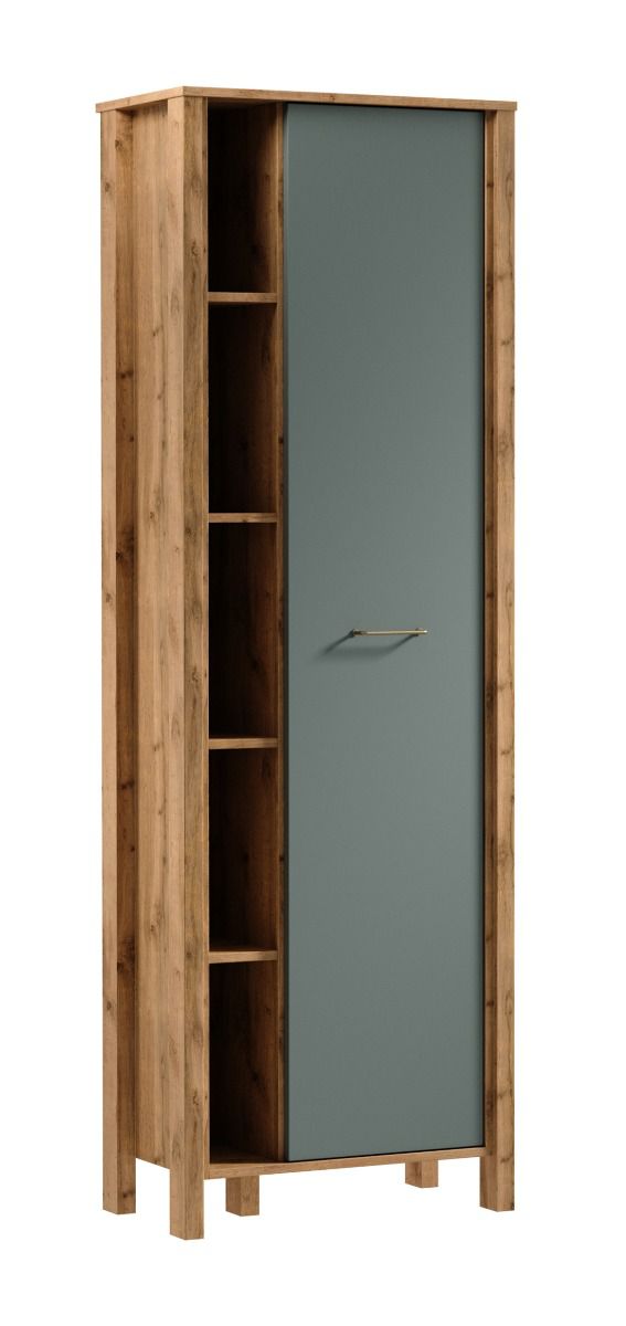 Braianik 25 wardrobe with 5 open compartments, 1 door, 5 compartments, 8 shelves, 200 x 66 x 37 cm, Wotan oak / green, living room, entrance hall, office, ABS