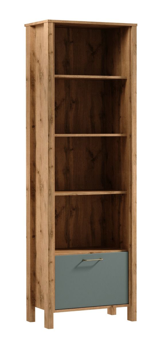 Braianik 26 cupboard with 1 tilting compartment, 200 x 66 x 37 cm, 4 open compartments, Wotan oak / green, living room, office, metal handle, feet: 36 mm thick