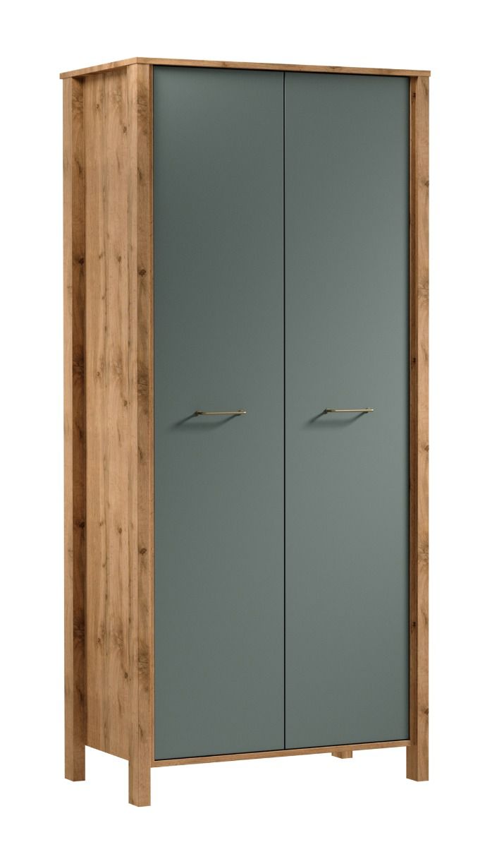 Closet Braianik 28, oak Wotan / green, 200 x 90 x 53 cm with 1 clothes rail, 2 doors, 2 shelves, 2 compartments, feet: 36 mm thick, ABS