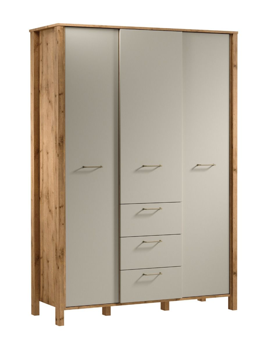 Closet Braianik 14 with lots of storage space, oak Wotan / beige, 200 x 138 x 53 cm, 3 doors, 2 clothes rails, 8 compartments, 7 shelves, 3 drawers