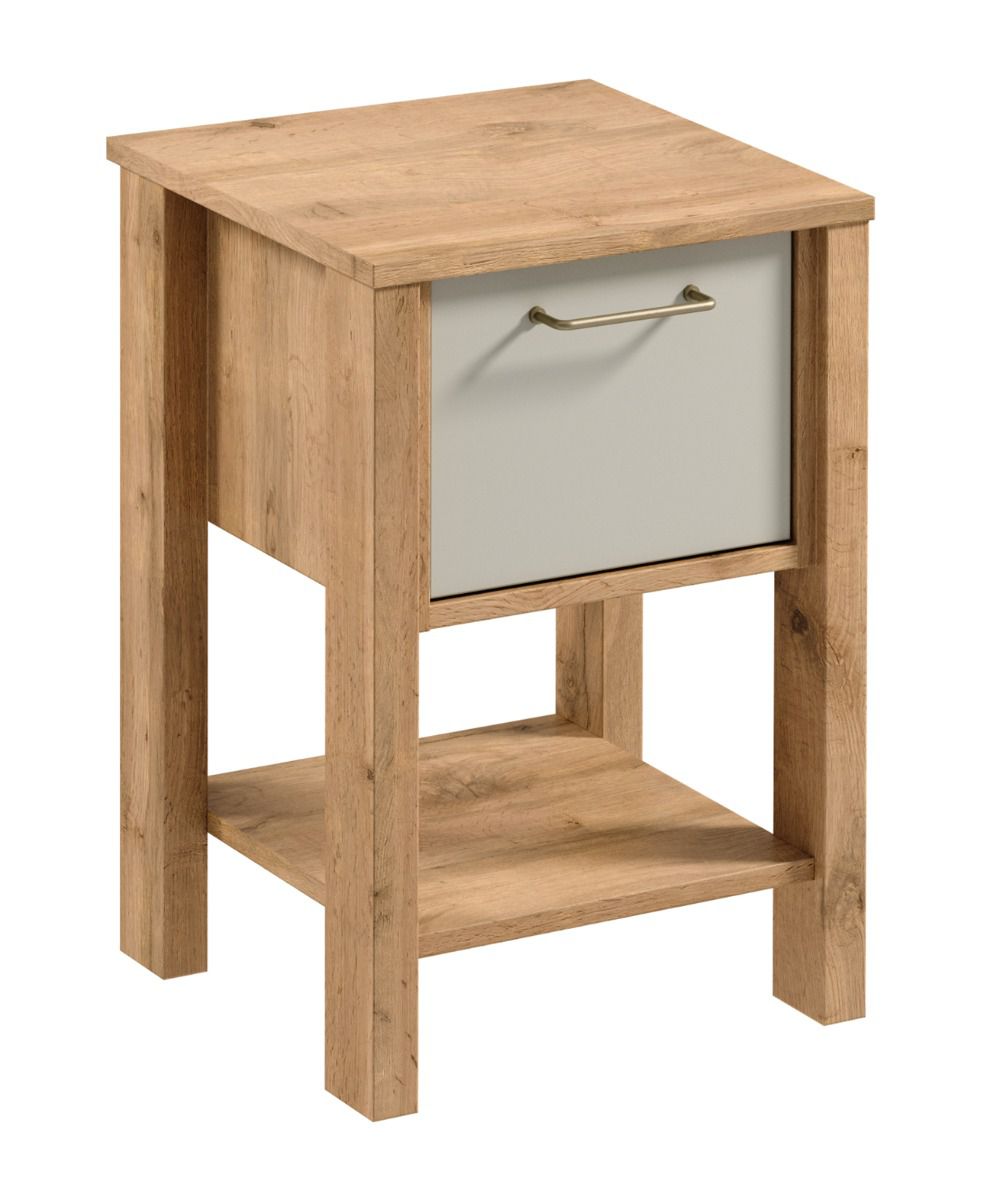 Bedside cabinet Braianik 15 in oak Wotan / beige, feet 36 mm, metal handle, 1 drawer, 1 storage compartment, 59 x 42 x 37 cm, for bedroom, ABS