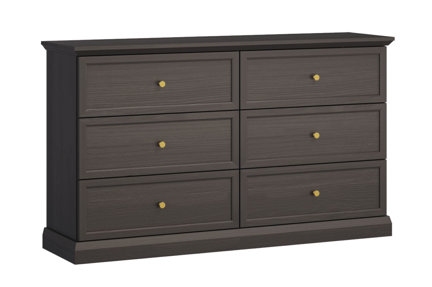 Black graphite Torsakala 13 chest of drawers with gold metal handles, 6 spacious drawers, without feet, ABS, 86 x 146 x 40 cm, living room and bedroom