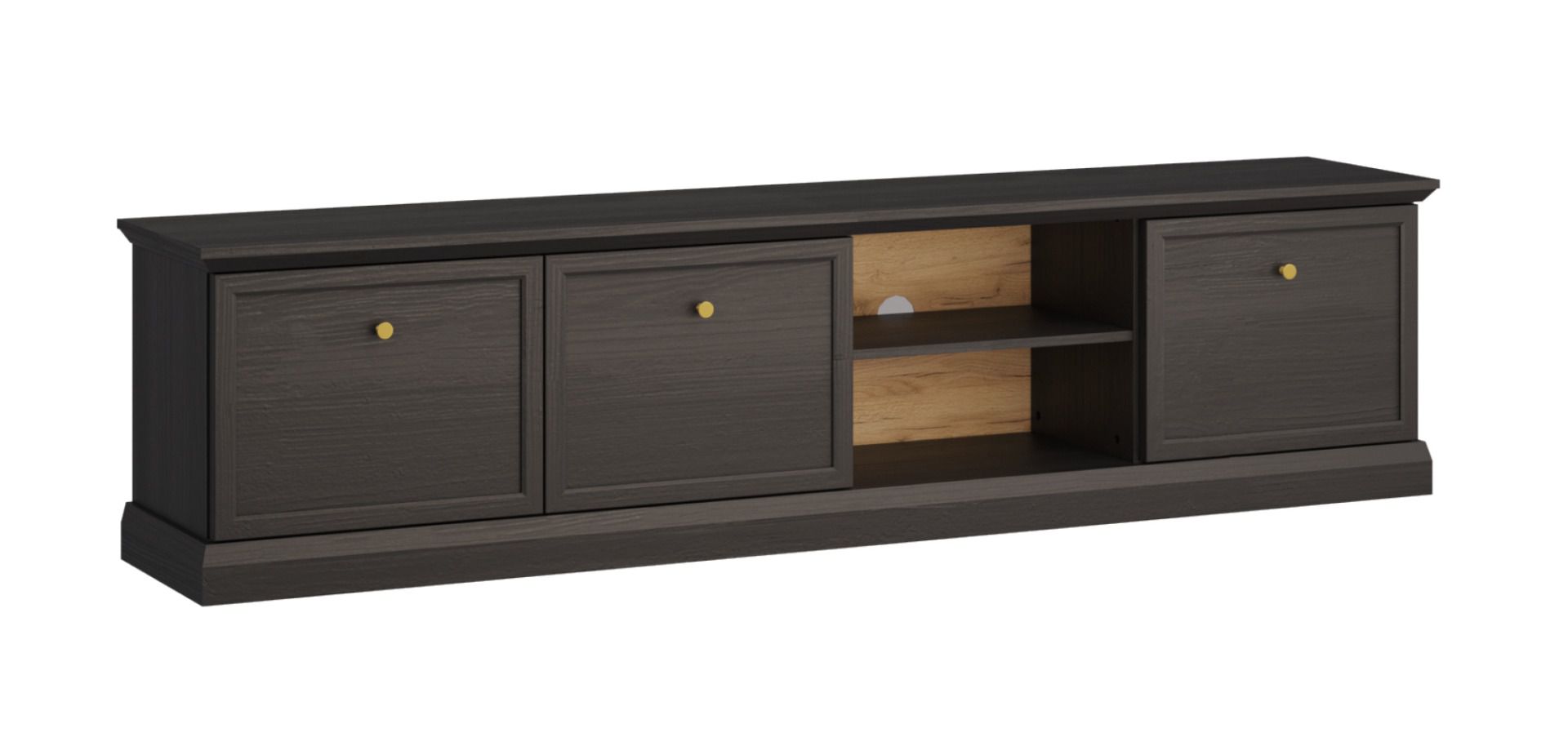 Black/graphite-colored TV cabinet Torsakala 16, with 6 compartments for TV accessories, 2 open compartments, 3 doors, gold metal handles, 51 x 206 x 40 cm