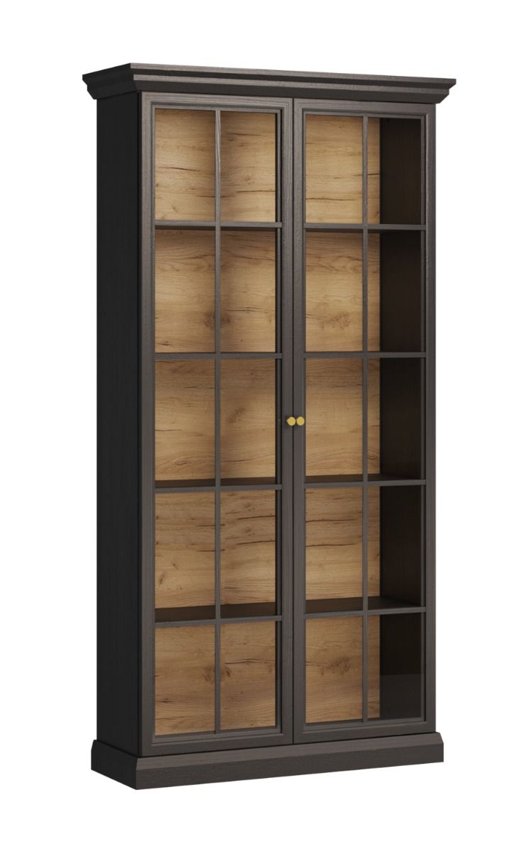 Torsakala 19 display cabinet, black graphite, incl. LED lighting, 2 glass doors, 3 shelves, 5 compartments, 200 x 103 x 41 cm, ABS, metal handles