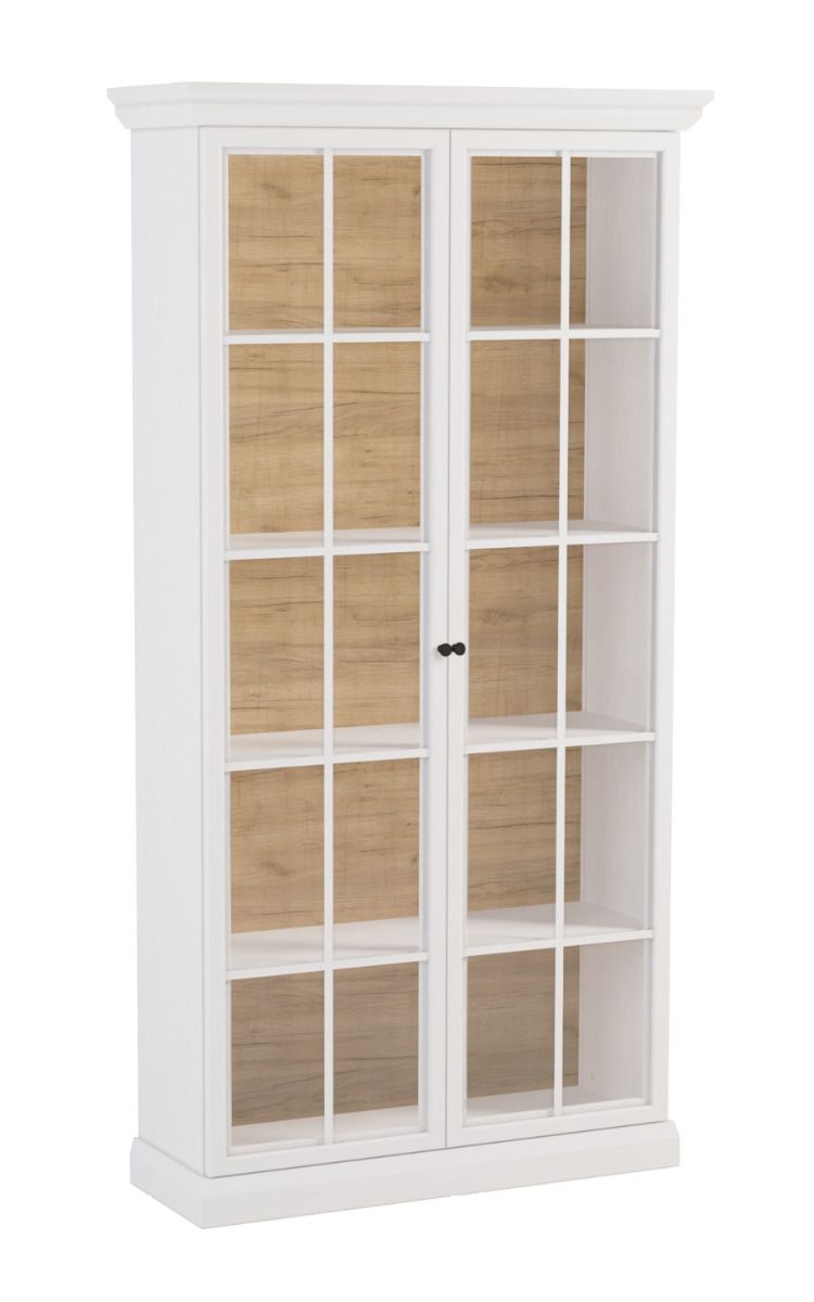 Torsakala 07 display cabinet, modern glass doors with wooden frame, white opal, 3 shelves, 5 compartments, incl. LED lighting, 200 x 103 x 41 cm, metal handles