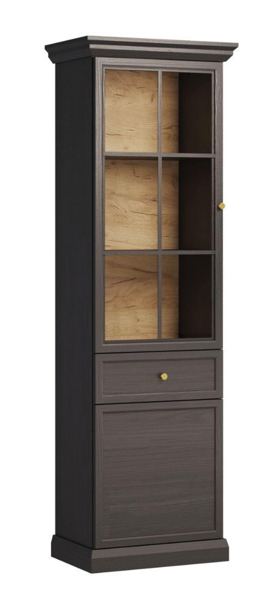 Torsakala 20 display cabinet including LED lighting, 200 x 63 x 41 cm, 1 drawer, 1 wooden door, 1 glass door, 5 compartments, black graphite, metal handles